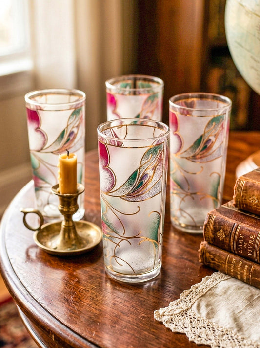 Culver Abstract Floral Gold Highball Glasses — Set of 4