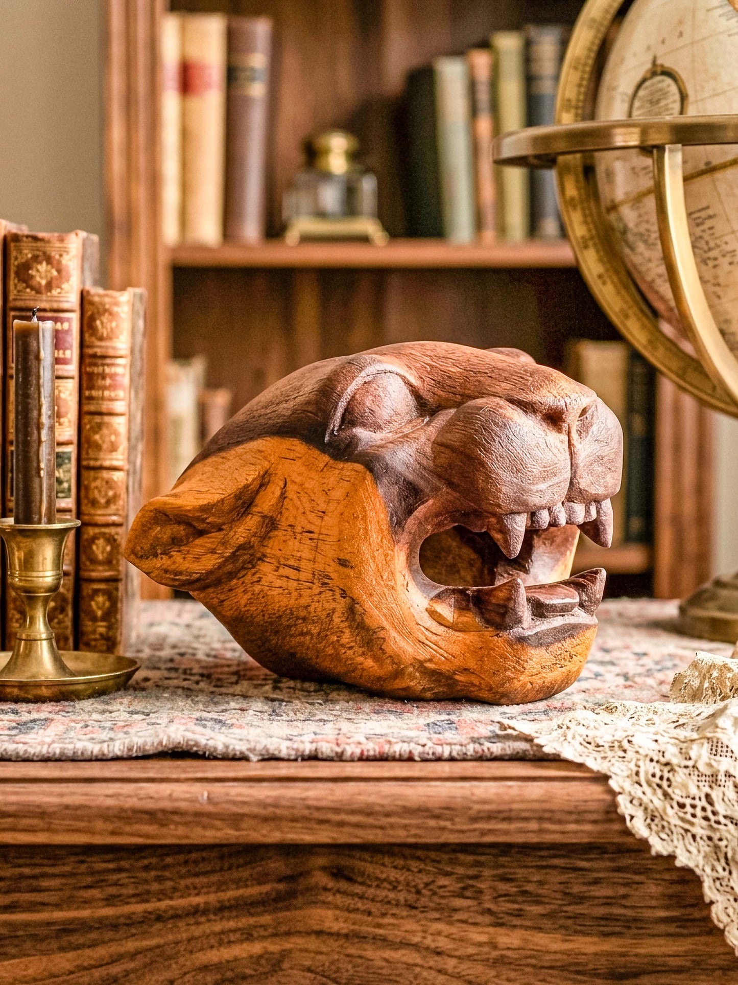 Vintage Hand-Carved Wooden Jaguar Head