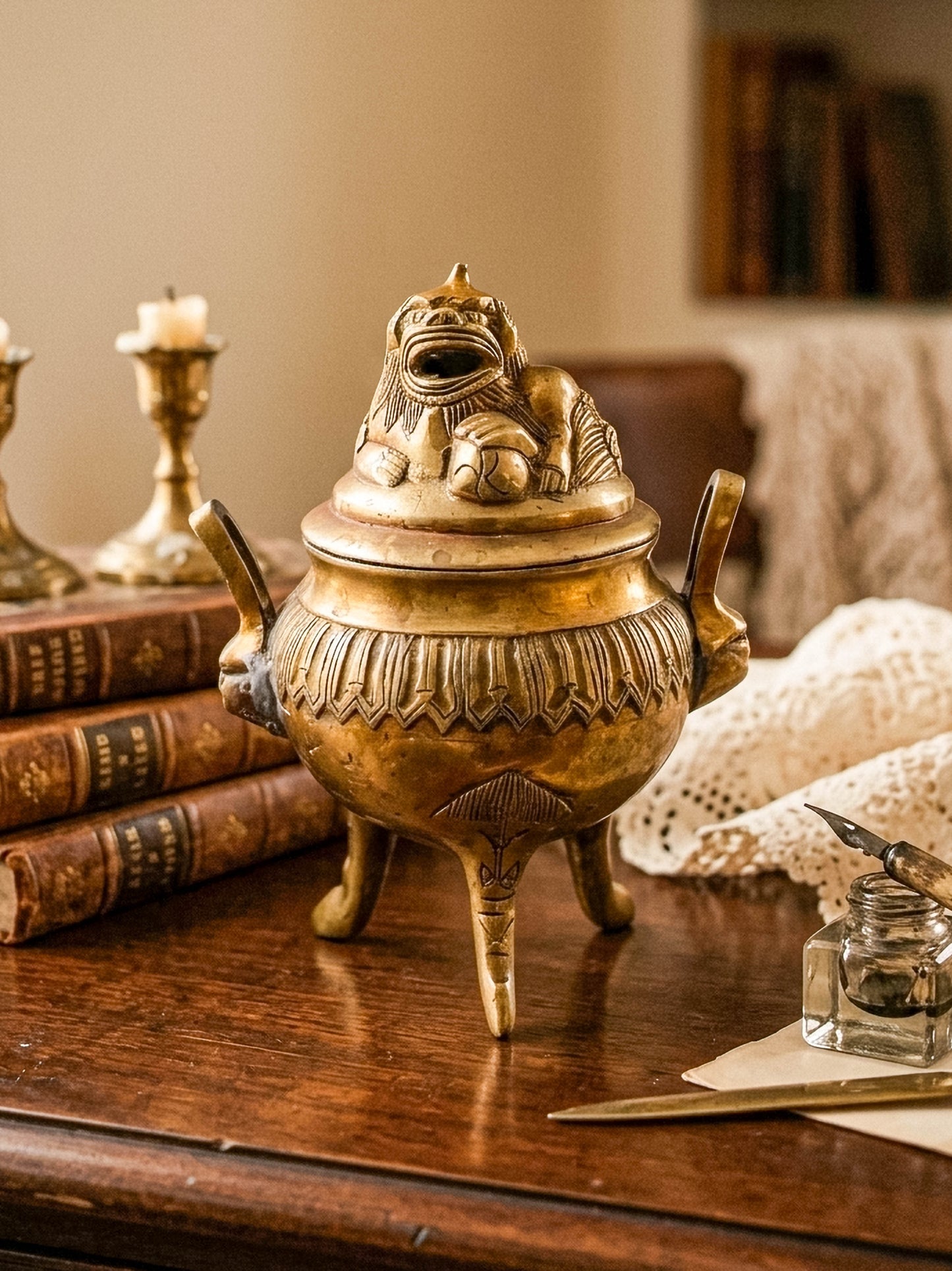 Vintage Brass Foo Dog Tripod Incense Burner with Lid