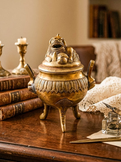 Vintage Brass Foo Dog Tripod Incense Burner with Lid