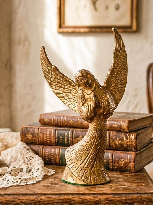 Vintage Brass Angel Candle Holder with Ornate Embossed Detail