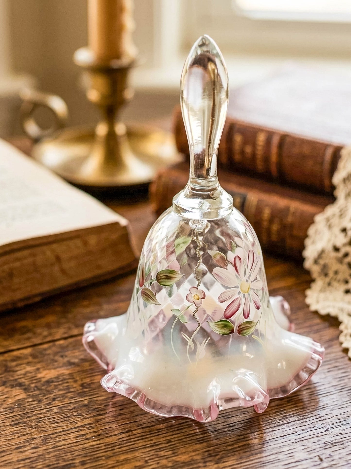 Fenton Glass Bell – Optic with Cranberry Edge, Hand Painted & Signed
