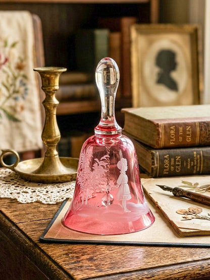 Vintage Mary Gregory Cranberry Glass Bell – White Enamel Girl