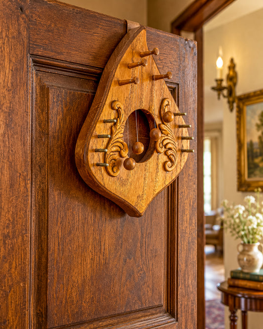 Vintage Wooden Door Harp with Scrollwork and Four Hanging Balls, Handcrafted Folk Art Decor
