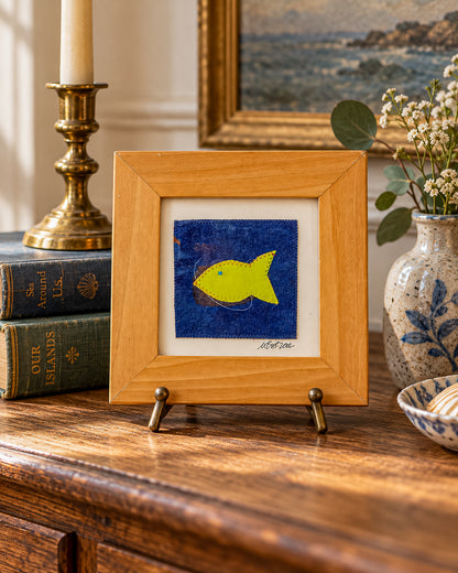 Signed Framed Fish Textile Art with Yellow Fabric Appliqué, Folk Art Quilt Square for Coastal Decor