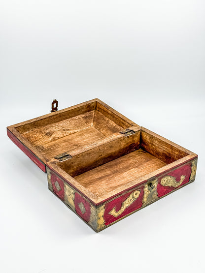 Vintage Indian Brass-Fitted Red Lacquered Wooden Box