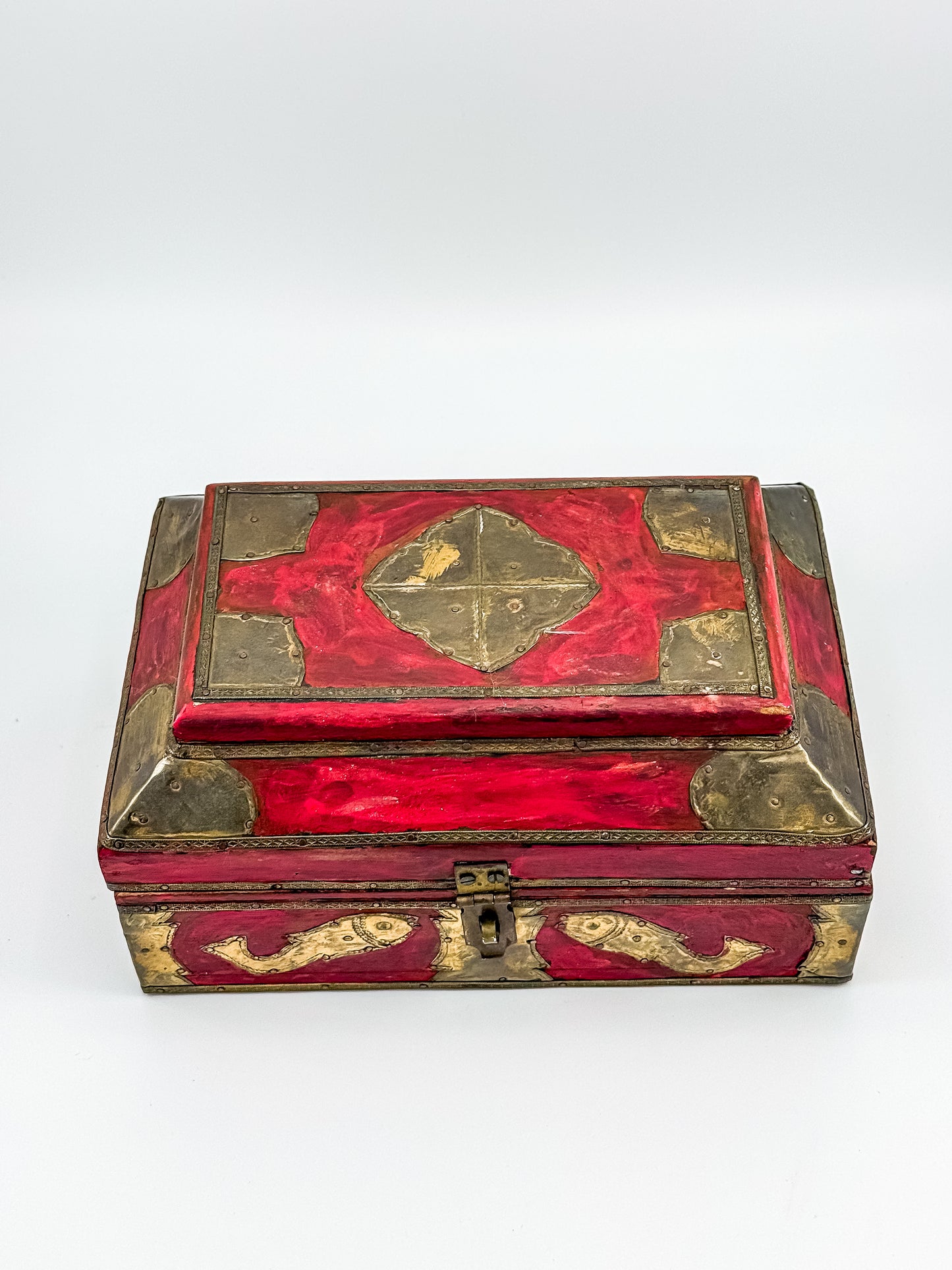 Vintage Indian Brass-Fitted Red Lacquered Wooden Box