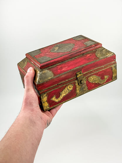 Vintage Indian Brass-Fitted Red Lacquered Wooden Box