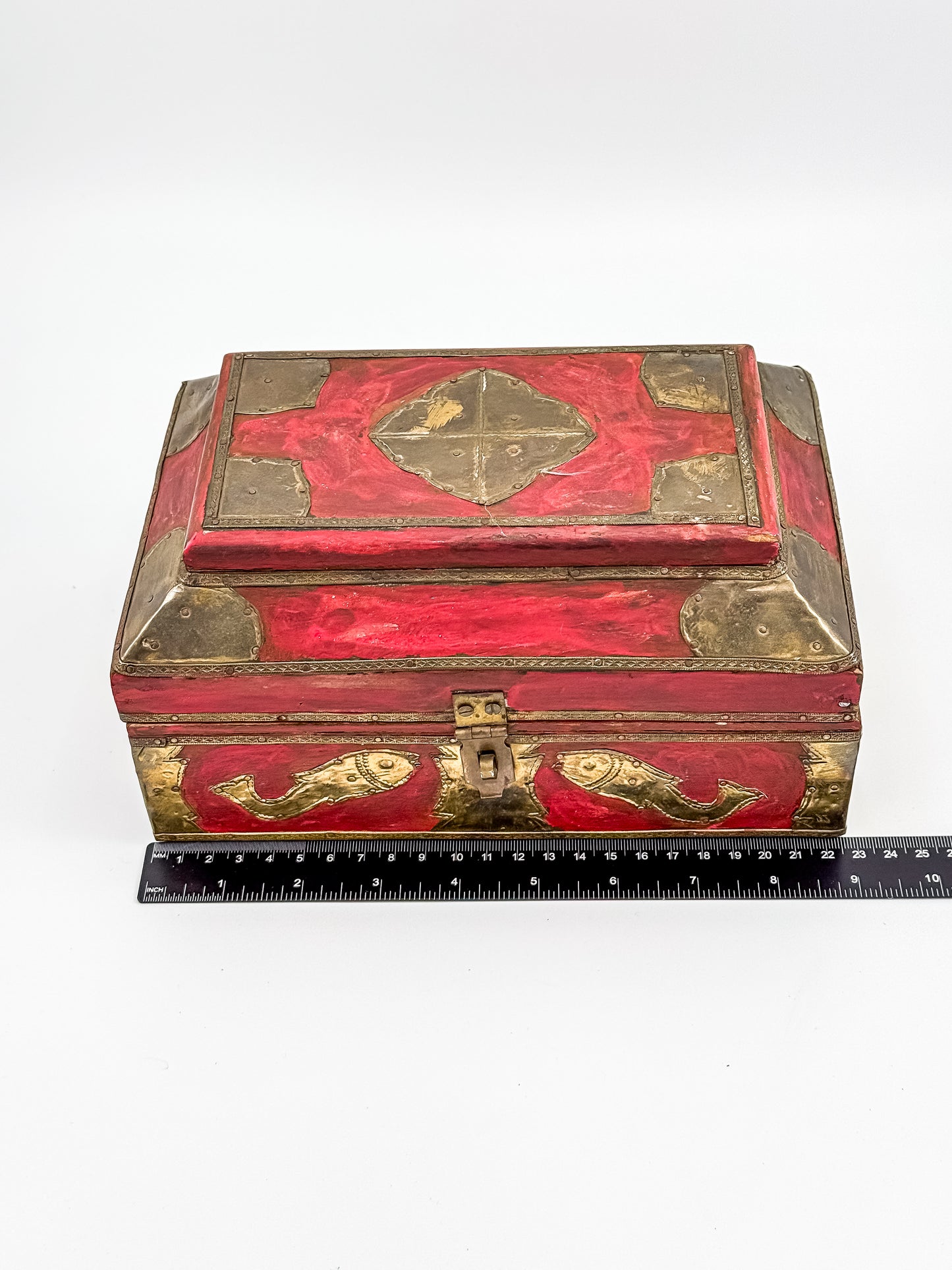 Vintage Indian Brass-Fitted Red Lacquered Wooden Box