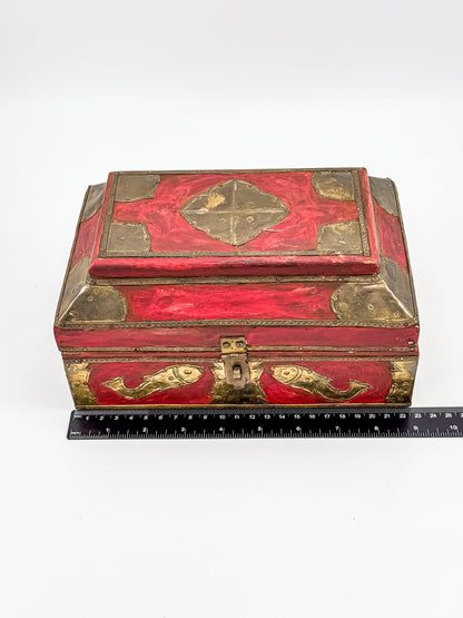 Vintage Indian Brass-Fitted Red Lacquered Wooden Box