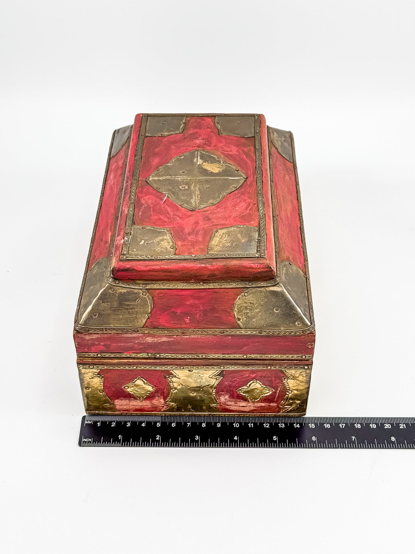 Vintage Indian Brass-Fitted Red Lacquered Wooden Box