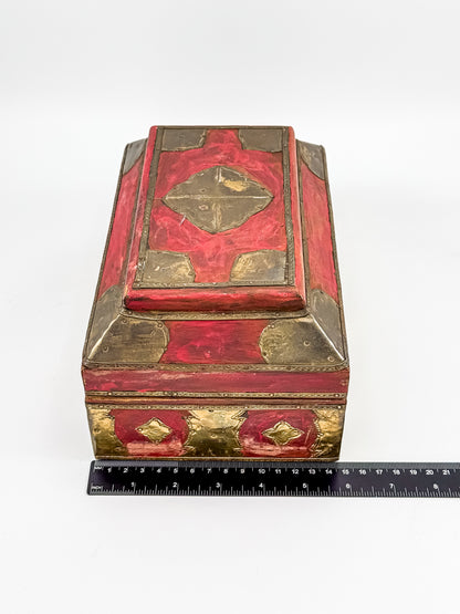 Vintage Indian Brass-Fitted Red Lacquered Wooden Box