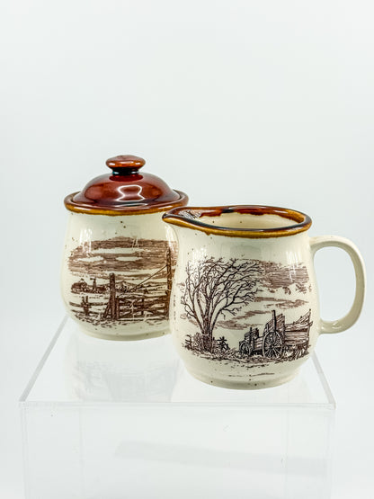 Vintage Enesco Sky & Plains Sugar Bowl & Creamer Set
