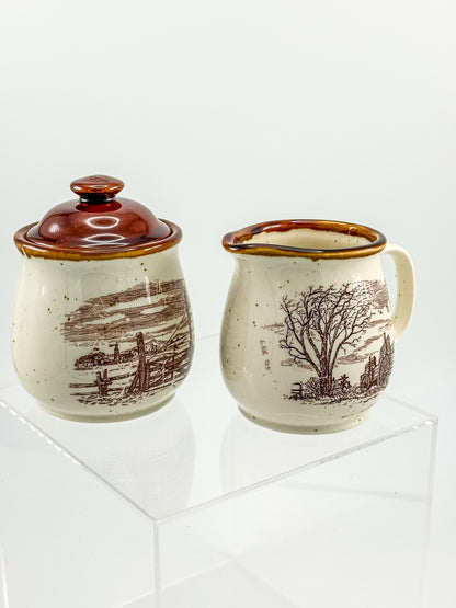 Vintage Enesco Sky & Plains Sugar Bowl & Creamer Set