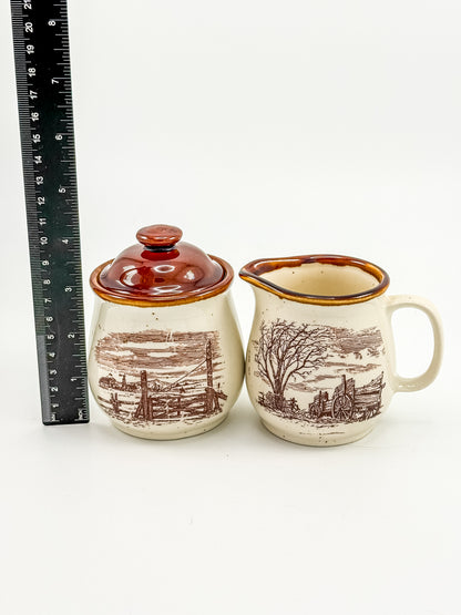 Vintage Enesco Sky & Plains Sugar Bowl & Creamer Set