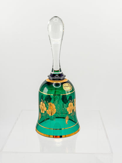 Bohemia Glass Emerald Green Decorative Bell – Gold Floral, Made in Czechoslovakia