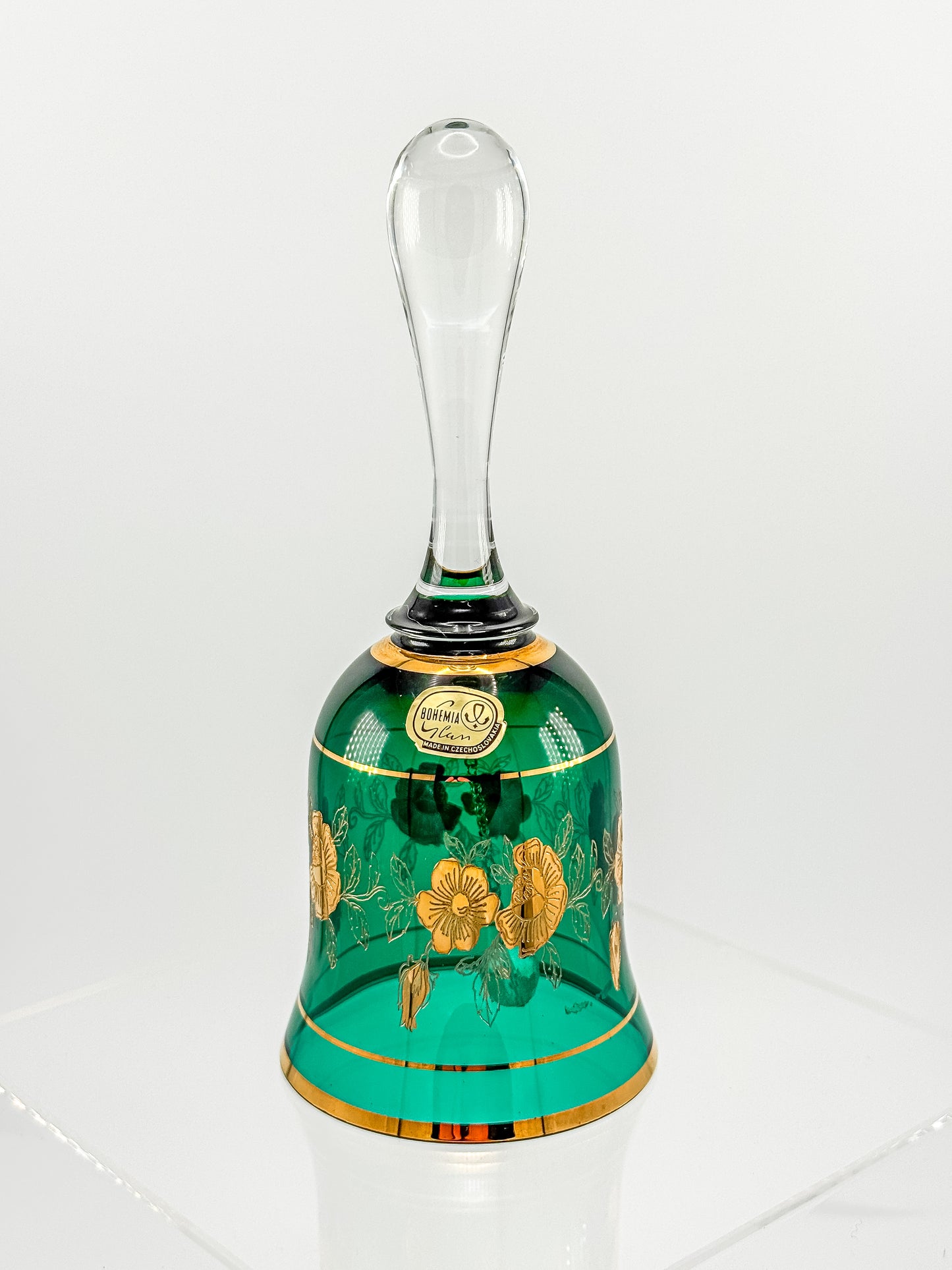 Bohemia Glass Emerald Green Decorative Bell – Gold Floral, Made in Czechoslovakia