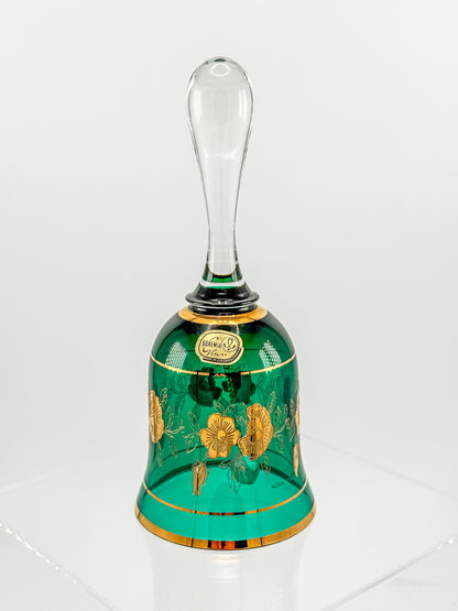 Bohemia Glass Emerald Green Decorative Bell – Gold Floral, Made in Czechoslovakia