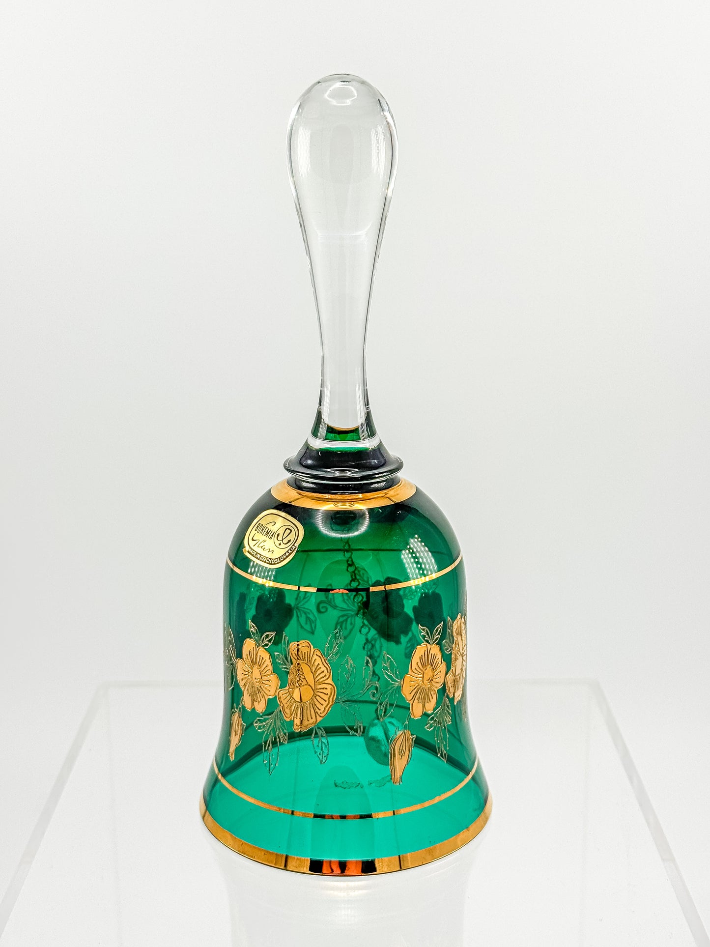 Bohemia Glass Emerald Green Decorative Bell – Gold Floral, Made in Czechoslovakia