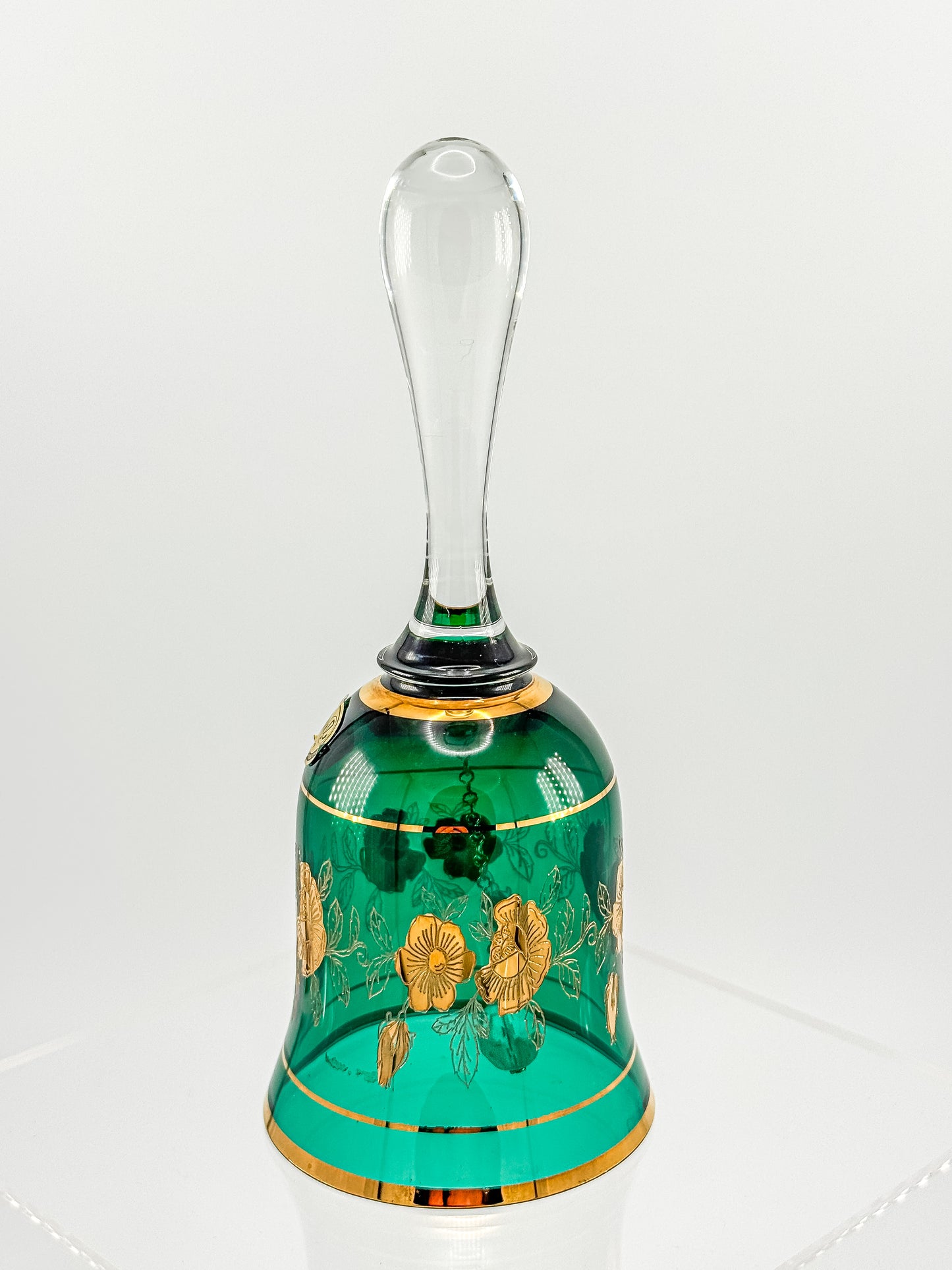 Bohemia Glass Emerald Green Decorative Bell – Gold Floral, Made in Czechoslovakia