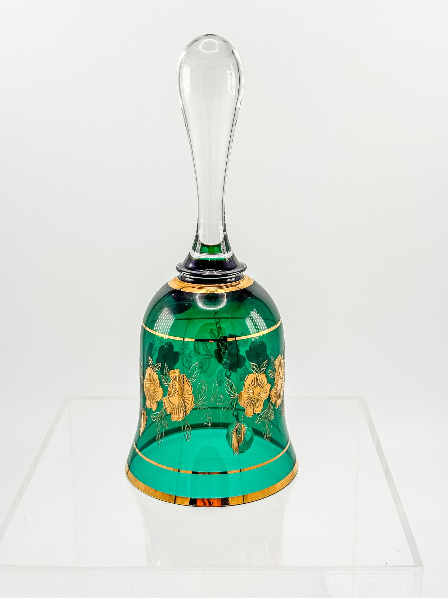 Bohemia Glass Emerald Green Decorative Bell – Gold Floral, Made in Czechoslovakia