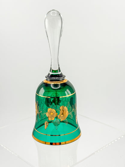 Bohemia Glass Emerald Green Decorative Bell – Gold Floral, Made in Czechoslovakia