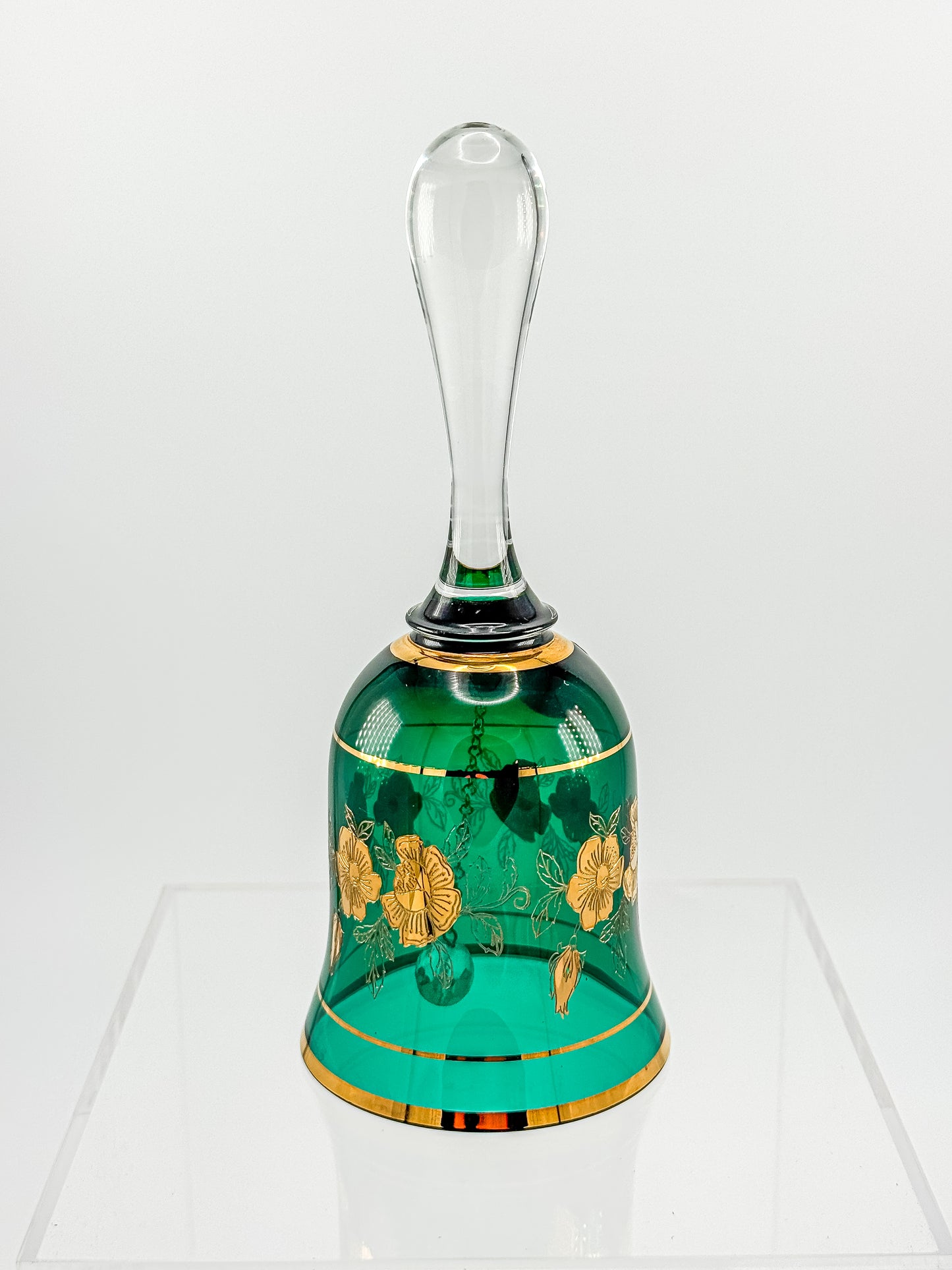 Bohemia Glass Emerald Green Decorative Bell – Gold Floral, Made in Czechoslovakia