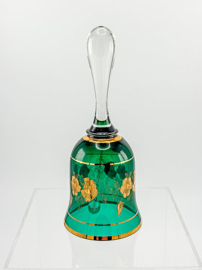 Bohemia Glass Emerald Green Decorative Bell – Gold Floral, Made in Czechoslovakia