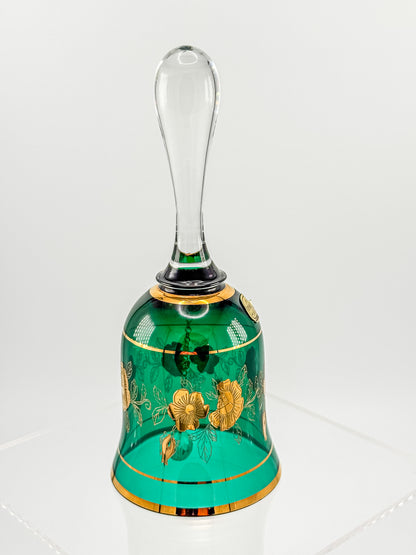 Bohemia Glass Emerald Green Decorative Bell – Gold Floral, Made in Czechoslovakia