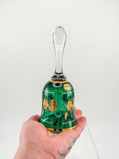 Bohemia Glass Emerald Green Decorative Bell – Gold Floral, Made in Czechoslovakia
