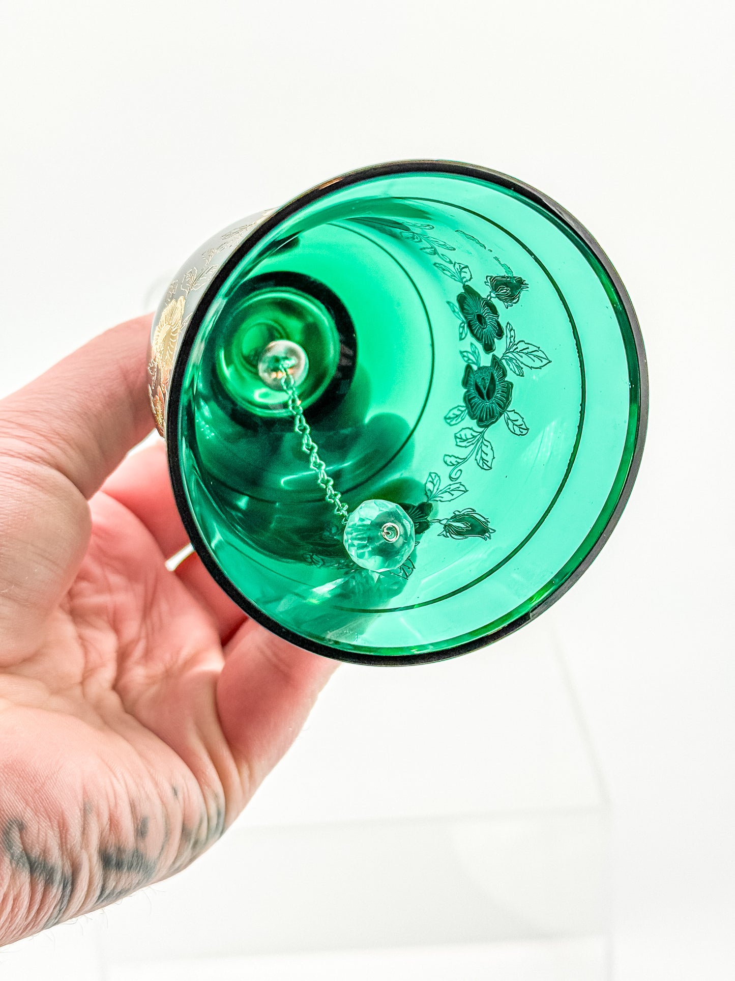 Bohemia Glass Emerald Green Decorative Bell – Gold Floral, Made in Czechoslovakia