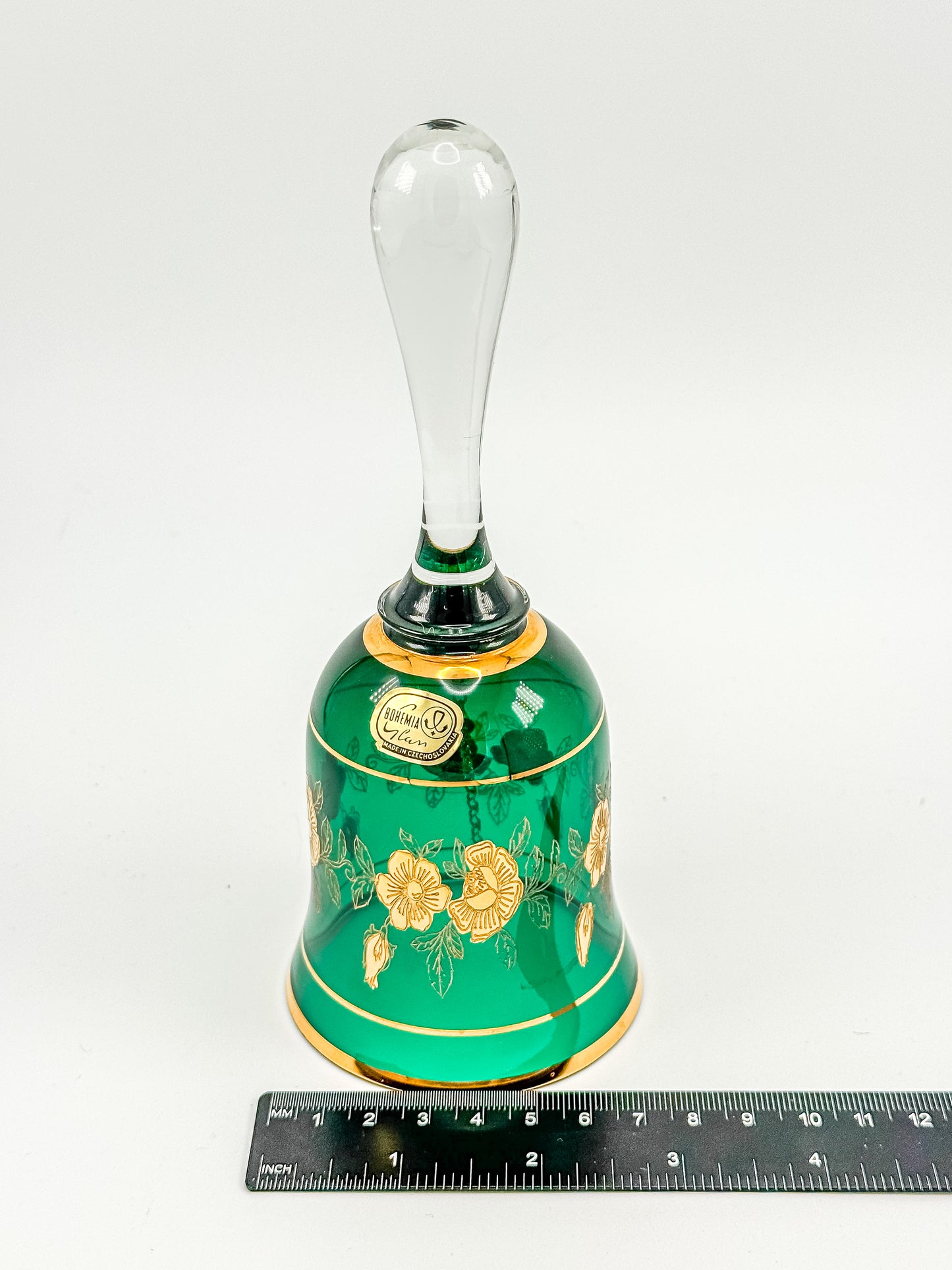 Bohemia Glass Emerald Green Decorative Bell – Gold Floral, Made in Czechoslovakia