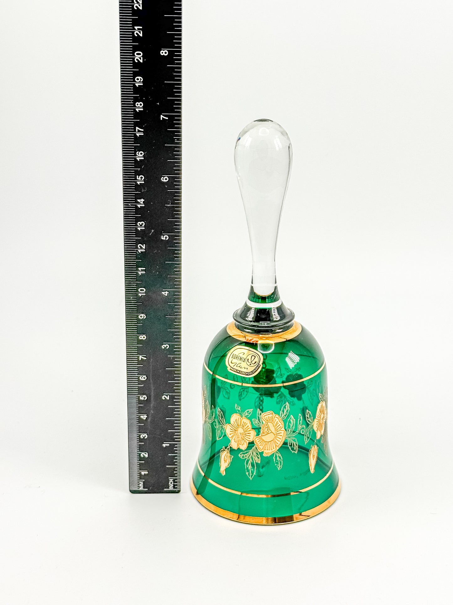 Bohemia Glass Emerald Green Decorative Bell – Gold Floral, Made in Czechoslovakia