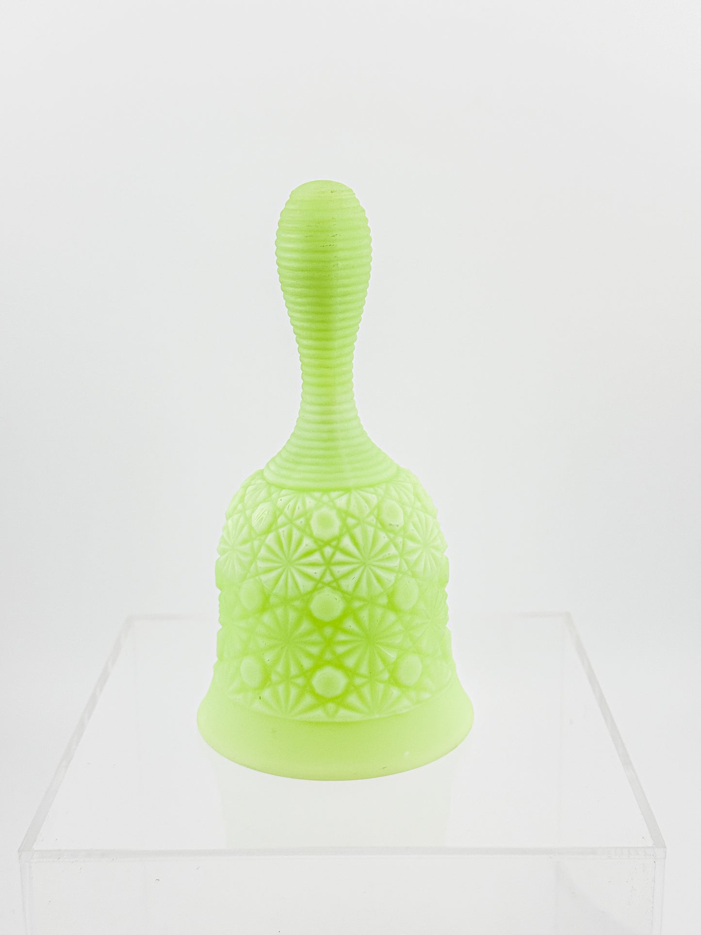 Vaseline Uranium Glass Bell – Daisy & Button Pattern, UV Reactive