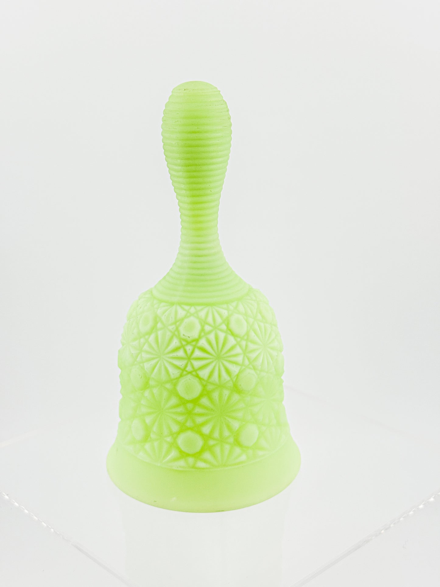 Vaseline Uranium Glass Bell – Daisy & Button Pattern, UV Reactive