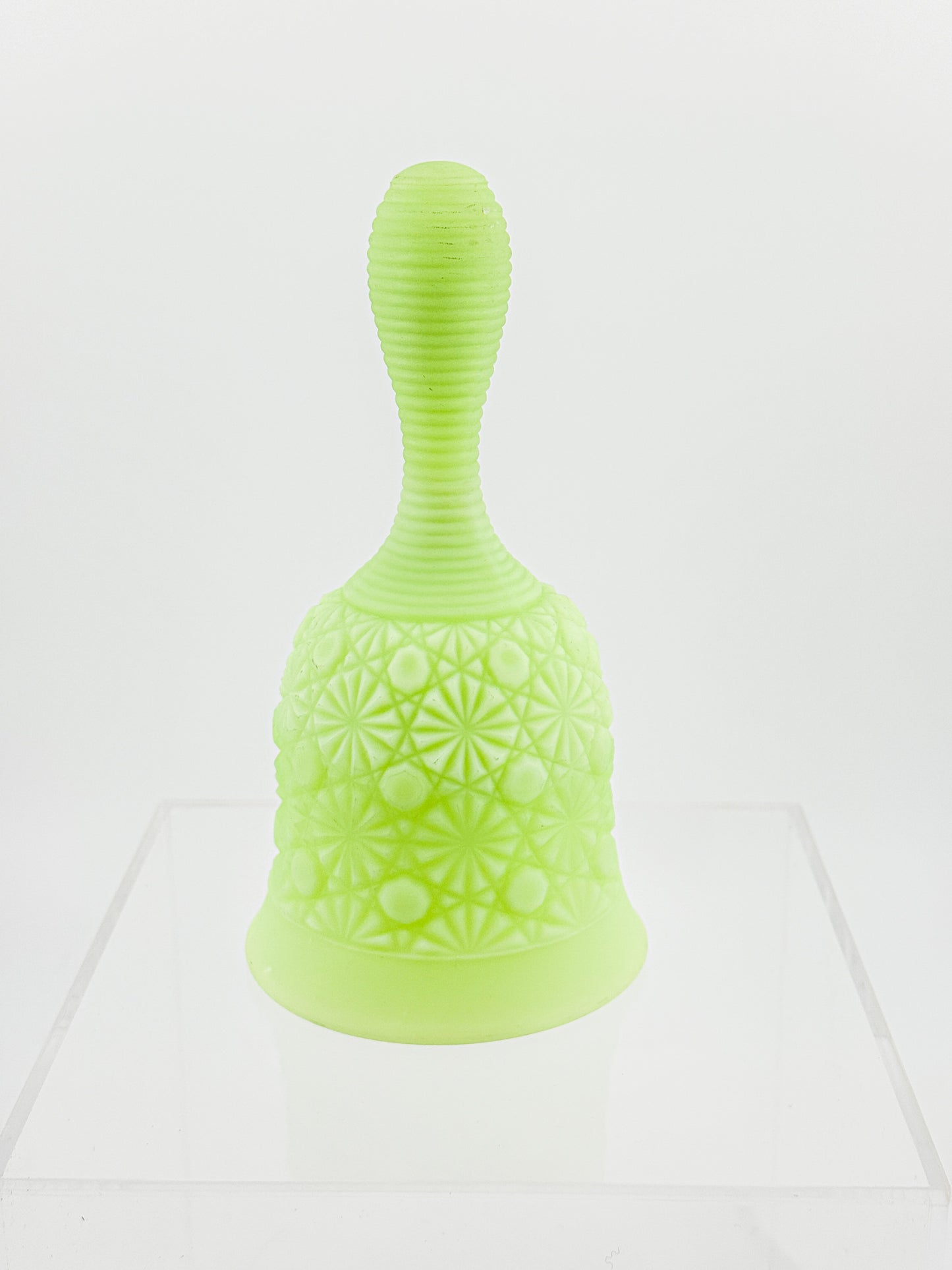 Vaseline Uranium Glass Bell – Daisy & Button Pattern, UV Reactive