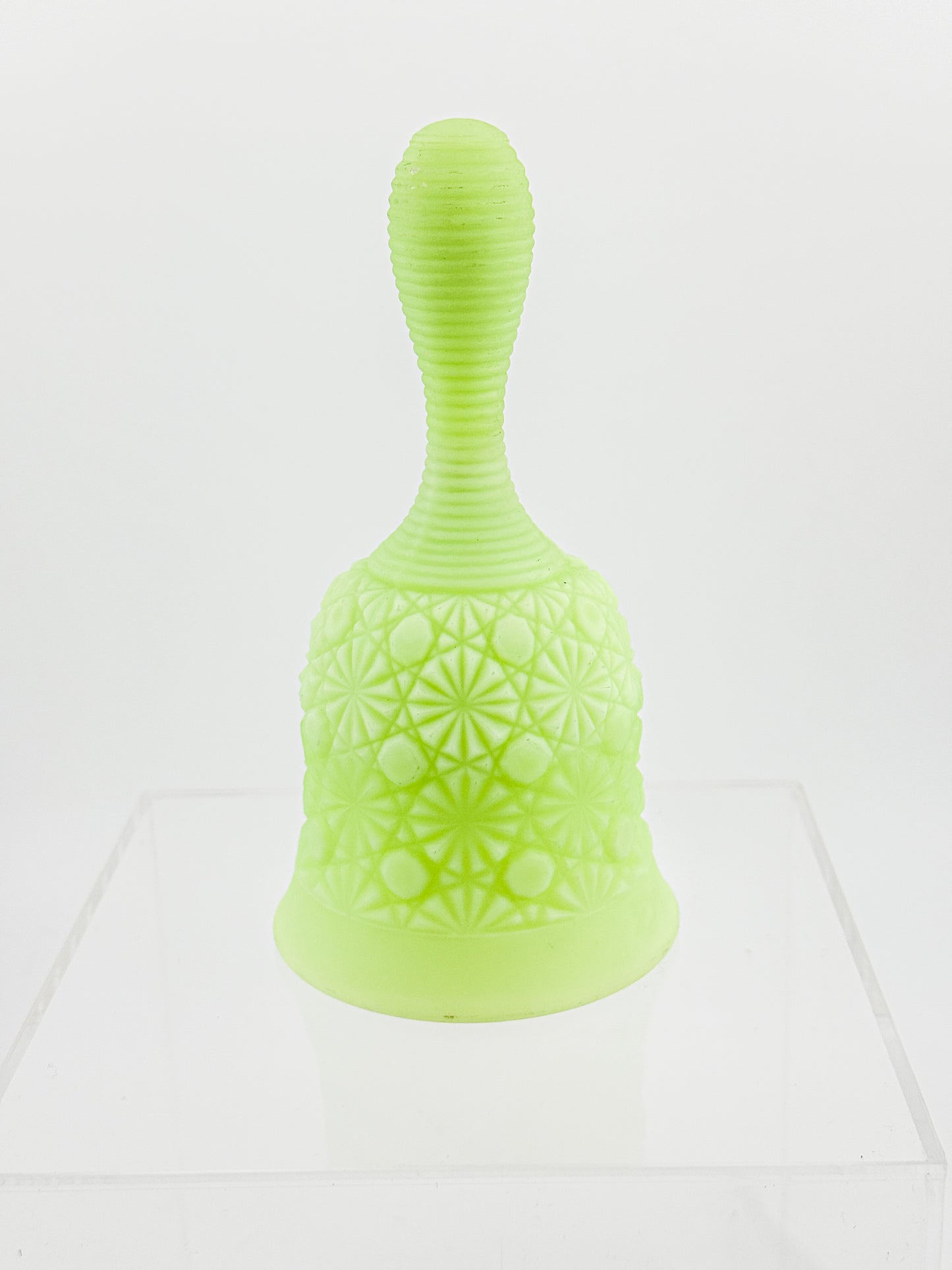 Vaseline Uranium Glass Bell – Daisy & Button Pattern, UV Reactive