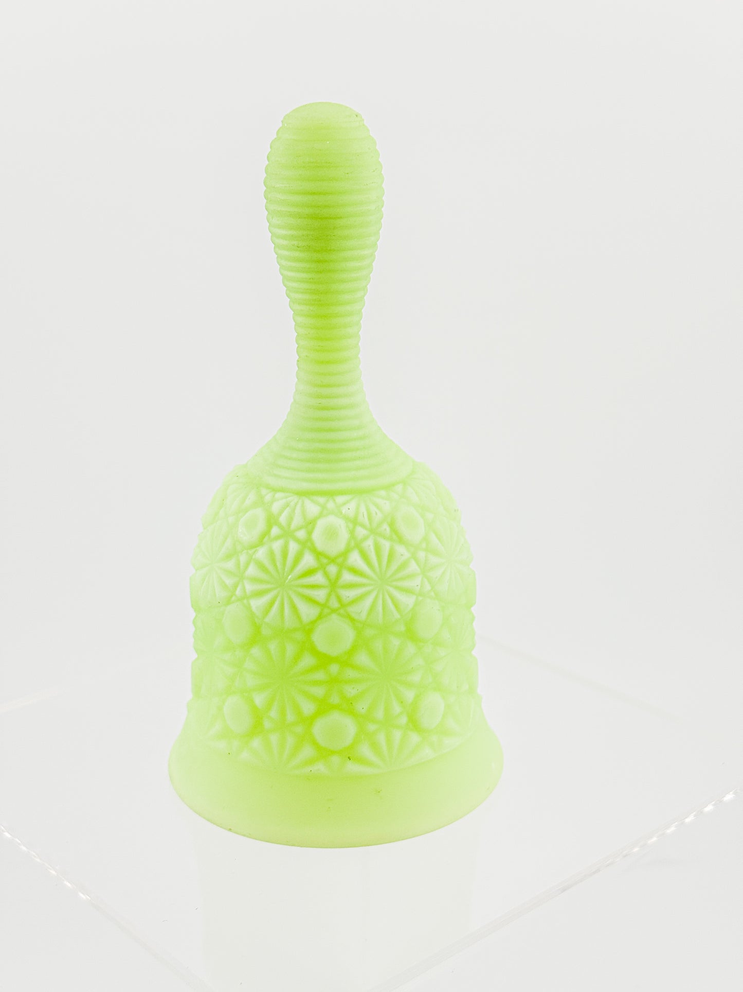 Vaseline Uranium Glass Bell – Daisy & Button Pattern, UV Reactive