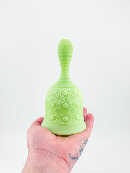 Vaseline Uranium Glass Bell – Daisy & Button Pattern, UV Reactive