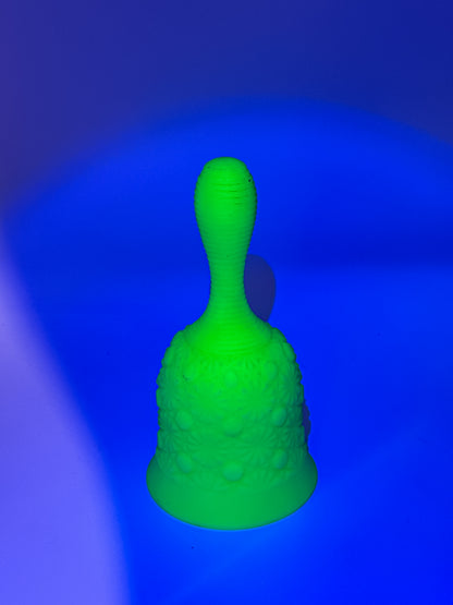 Vaseline Uranium Glass Bell – Daisy & Button Pattern, UV Reactive