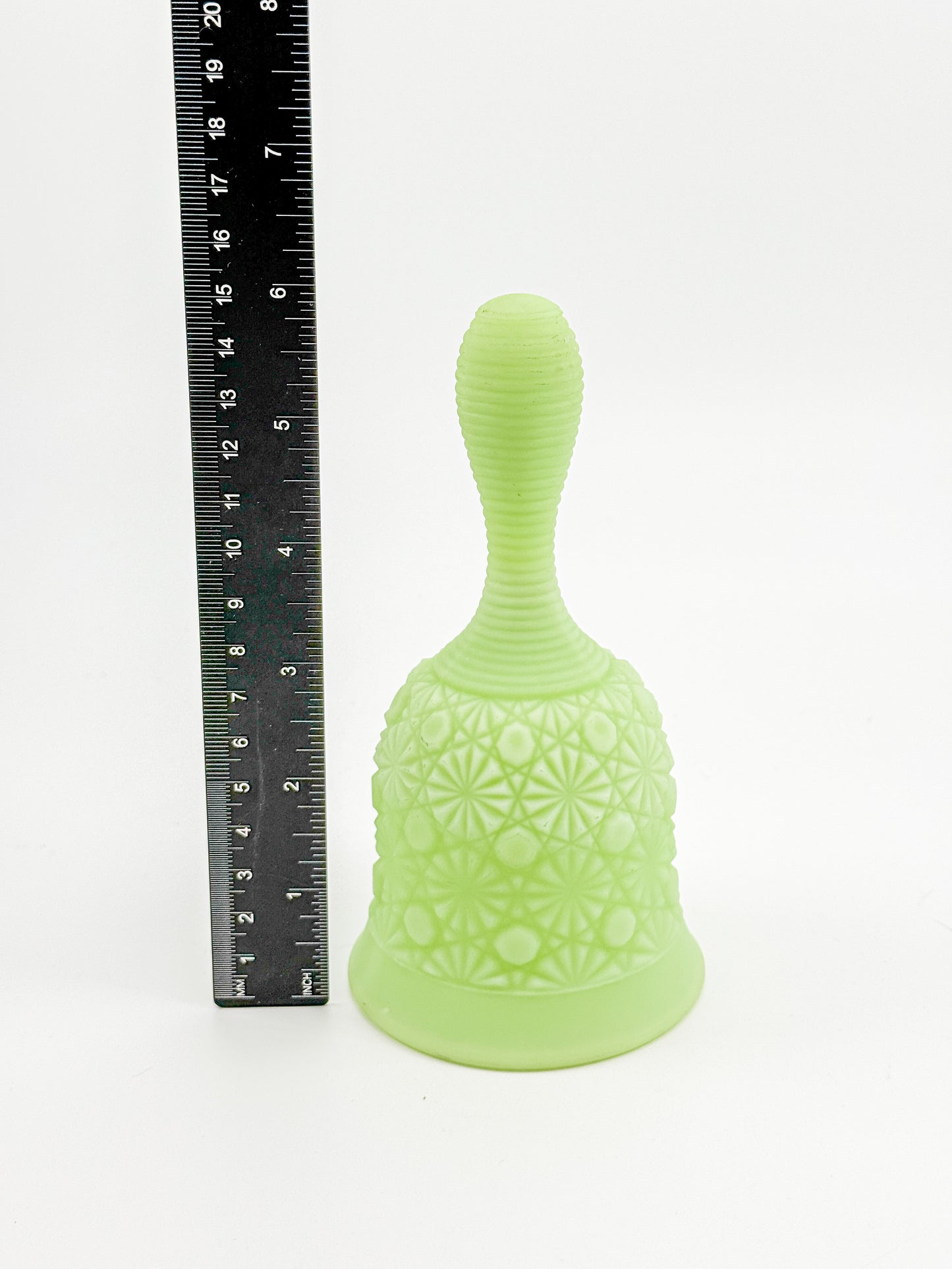 Vaseline Uranium Glass Bell – Daisy & Button Pattern, UV Reactive