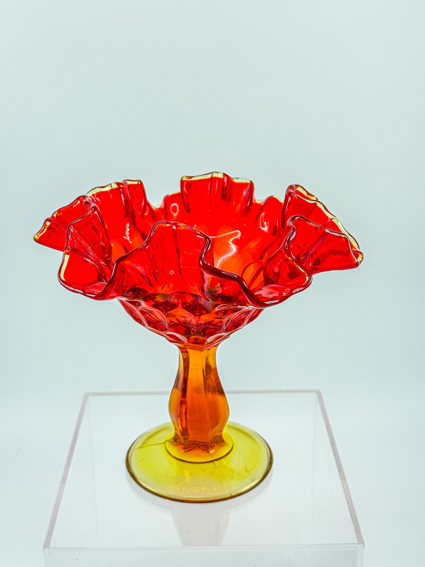 Fenton Amberina Glass Ruffled Compote – Thumbprint Pattern, Ruby to Amber, c. 1960s–70s