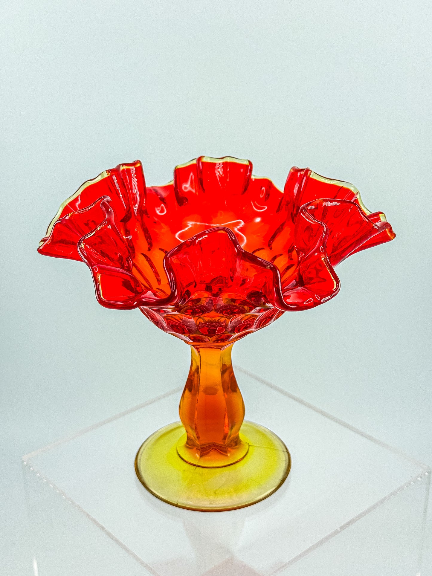 Fenton Amberina Glass Ruffled Compote – Thumbprint Pattern, Ruby to Amber, c. 1960s–70s