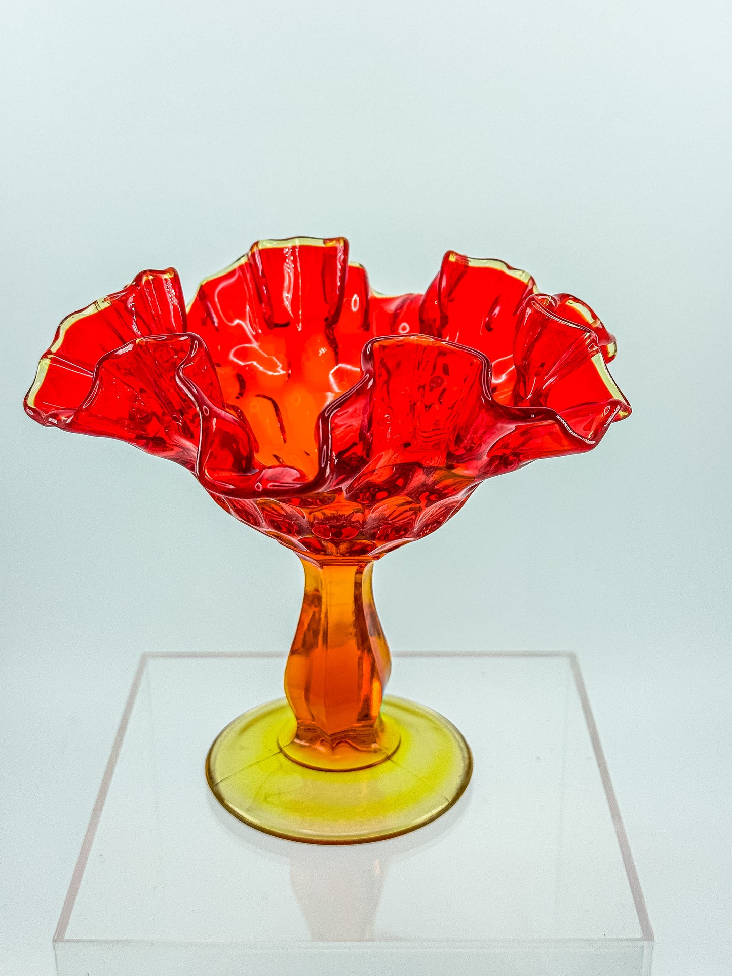 Fenton Amberina Glass Ruffled Compote – Thumbprint Pattern, Ruby to Amber, c. 1960s–70s