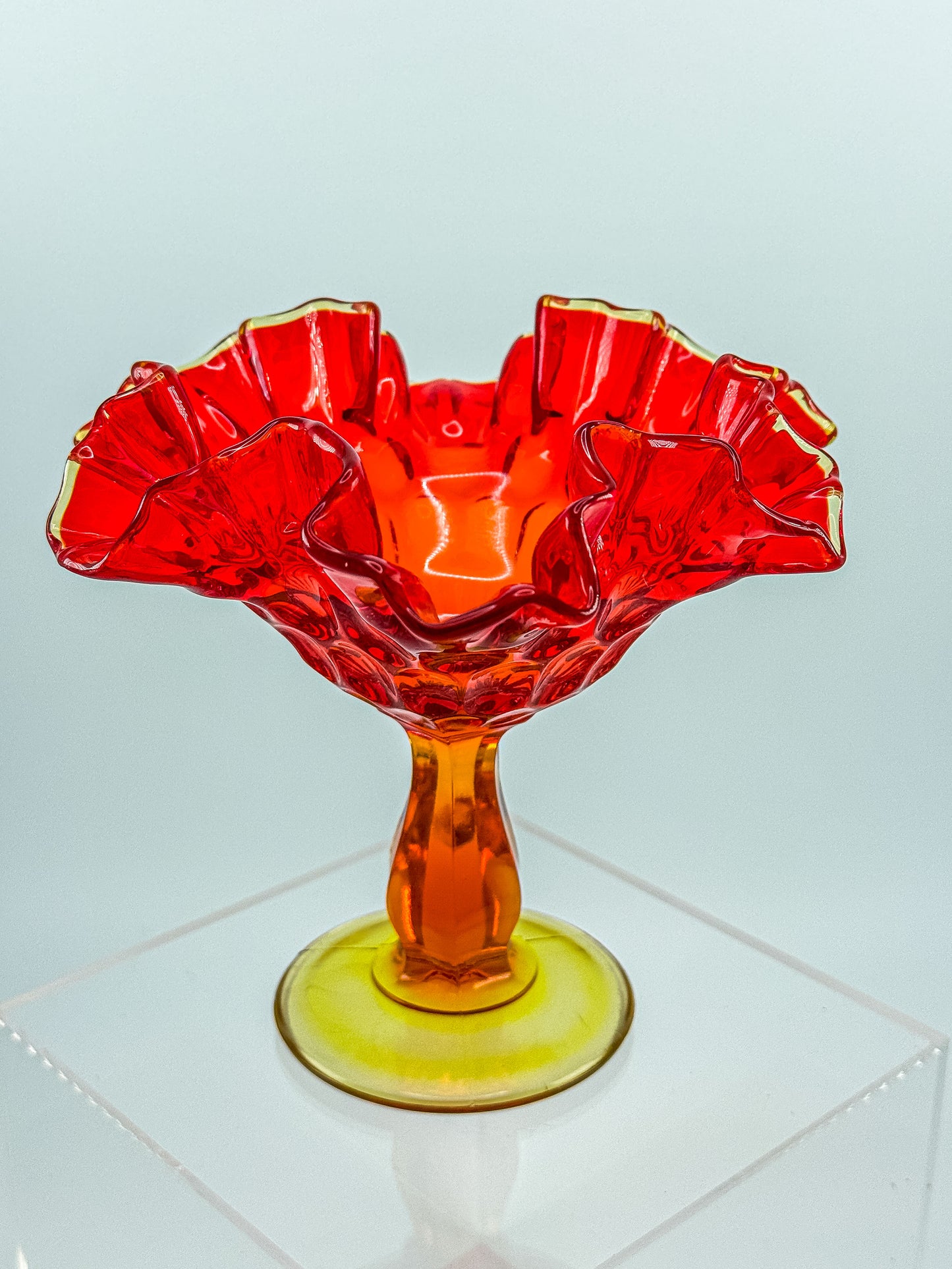 Fenton Amberina Glass Ruffled Compote – Thumbprint Pattern, Ruby to Amber, c. 1960s–70s