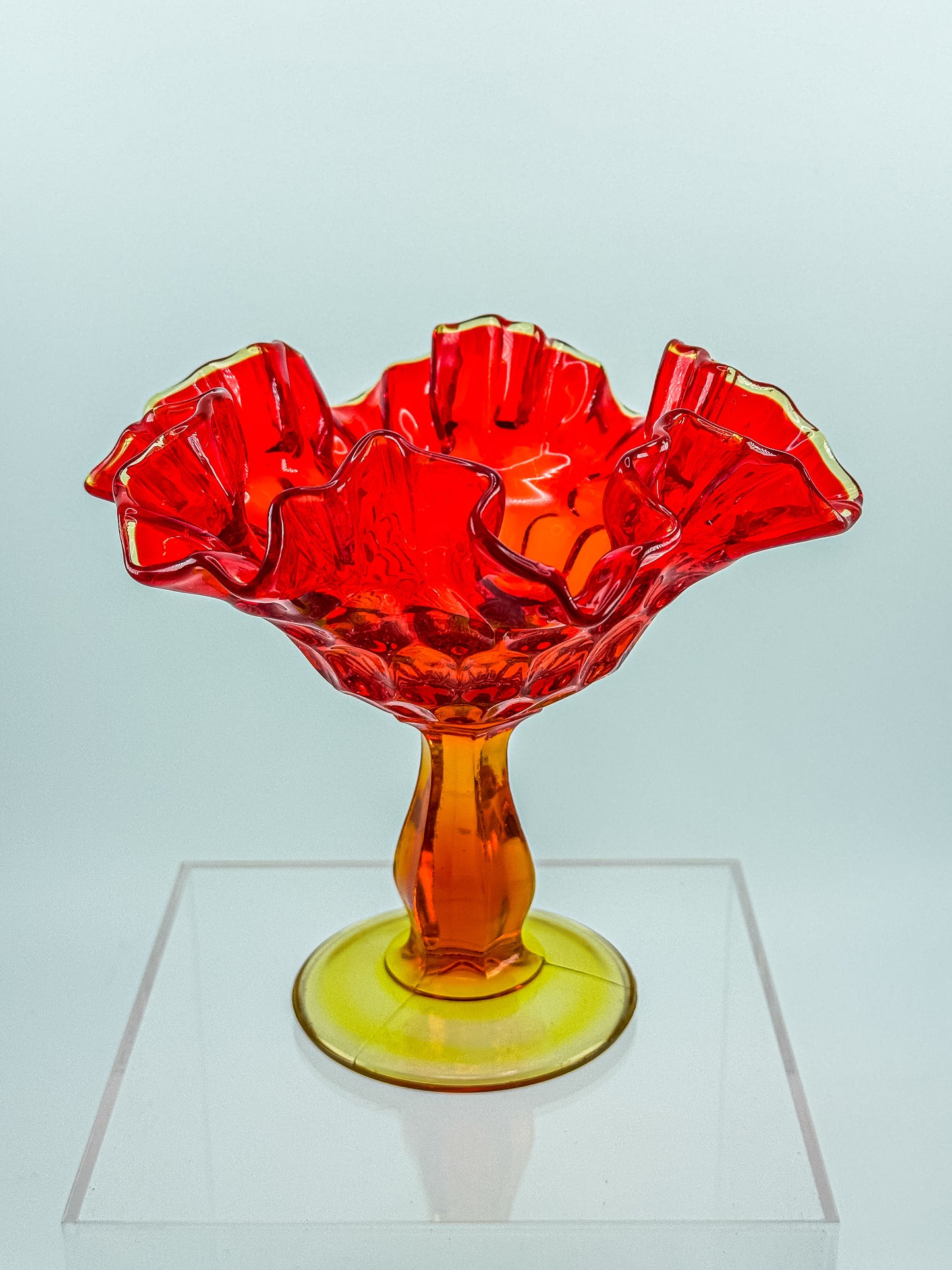 Fenton Amberina Glass Ruffled Compote – Thumbprint Pattern, Ruby to Amber, c. 1960s–70s