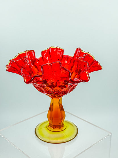 Fenton Amberina Glass Ruffled Compote – Thumbprint Pattern, Ruby to Amber, c. 1960s–70s