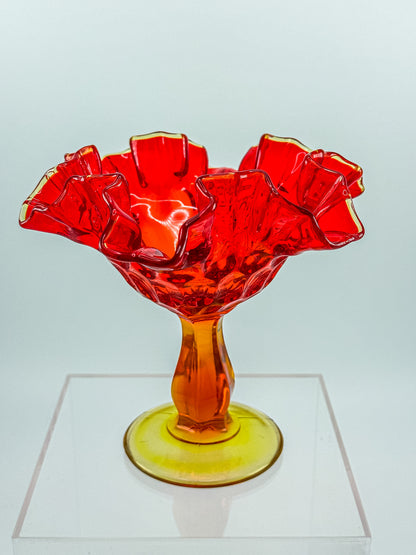 Fenton Amberina Glass Ruffled Compote – Thumbprint Pattern, Ruby to Amber, c. 1960s–70s