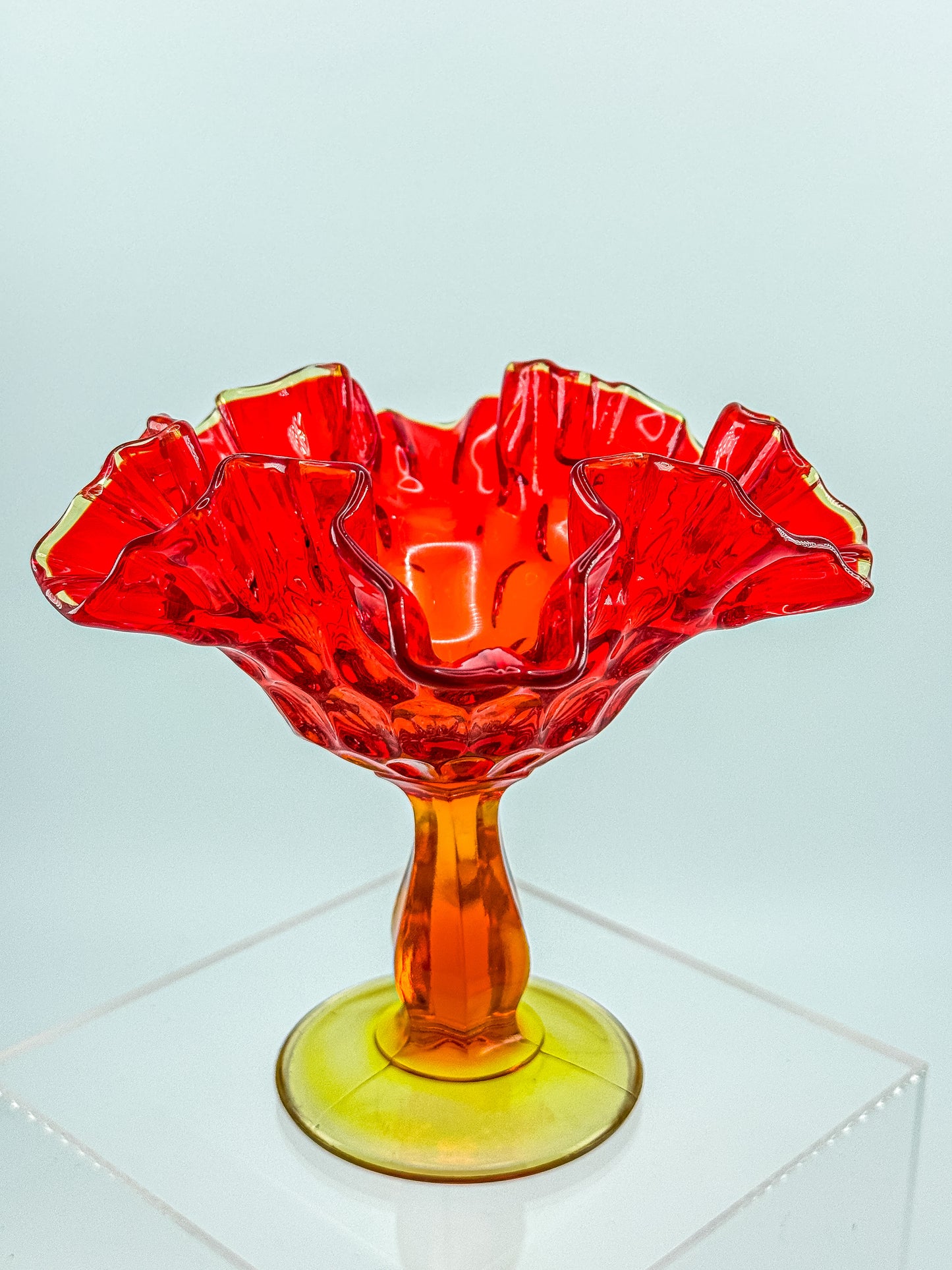 Fenton Amberina Glass Ruffled Compote – Thumbprint Pattern, Ruby to Amber, c. 1960s–70s