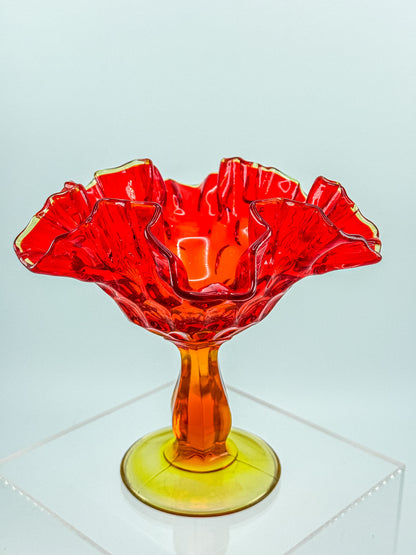 Fenton Amberina Glass Ruffled Compote – Thumbprint Pattern, Ruby to Amber, c. 1960s–70s